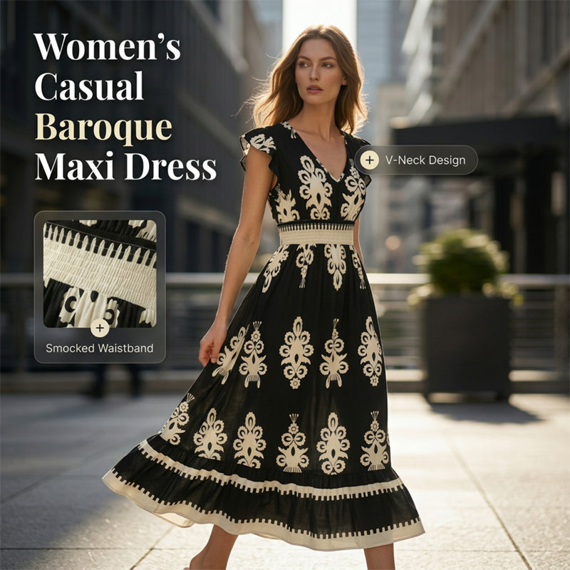 👗New arrival 40% OFF!🏖️Women's V-Neck Baroque Print Flowy Maxi Dress