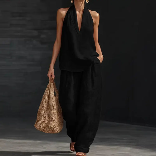 Boho Linen Two Piece Set - Perfect for Beach, Vacation & Brunch! Halter Neck Sleeveless Top Wide Leg Pants Set