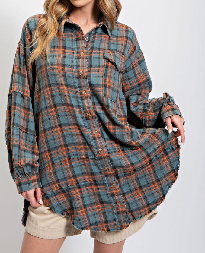 💖LAST DAY SALE 49% OFF🏆Women's Mineral Washed Button Down Plaid Shirt
