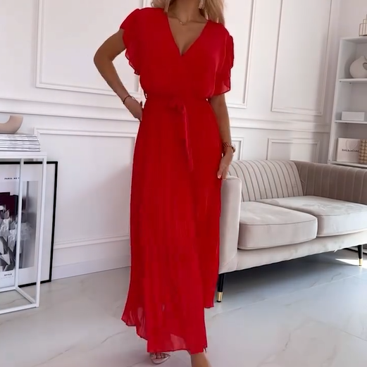 💐 Women's Solid V-Neck Pleated Flowy Dress