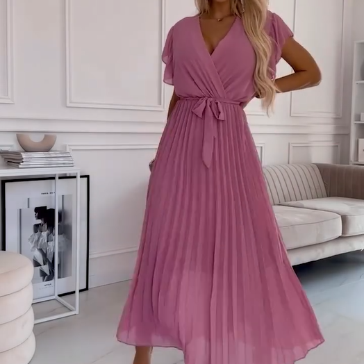 💐 Women's Solid V-Neck Pleated Flowy Dress