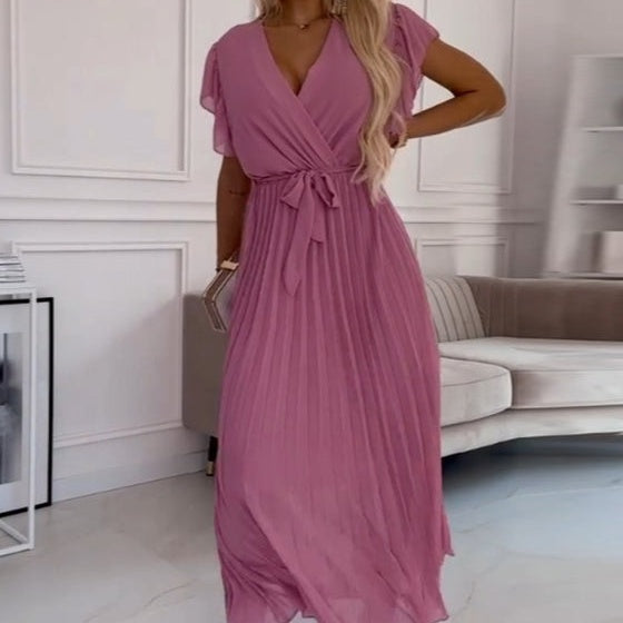 💐 Women's Solid V-Neck Pleated Flowy Dress