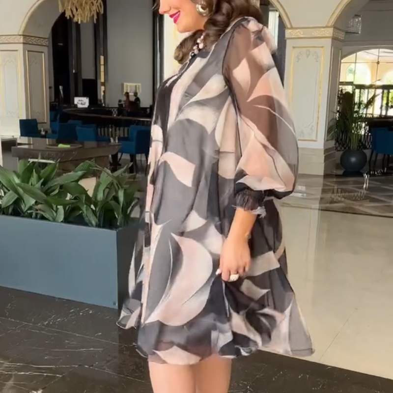 💓HOT SALE 49% OFF💥Round Neck Long Sleeve Printed Flowy Dress
