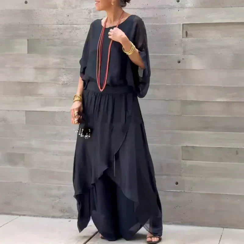 💃 Loose Top & Slit Wide-Leg Pants Chiffon 2-Piece Set✨