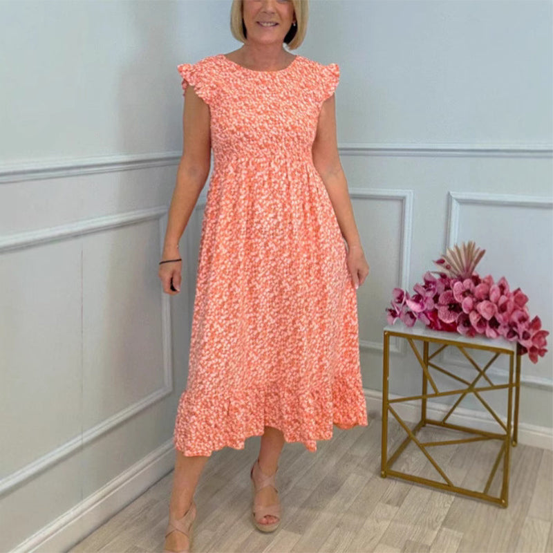 🎉🛍️Hot Promotion 49% OFF💃Women's Elegant Floral Print High-Waisted Ruffle Cap Sleeve Dress