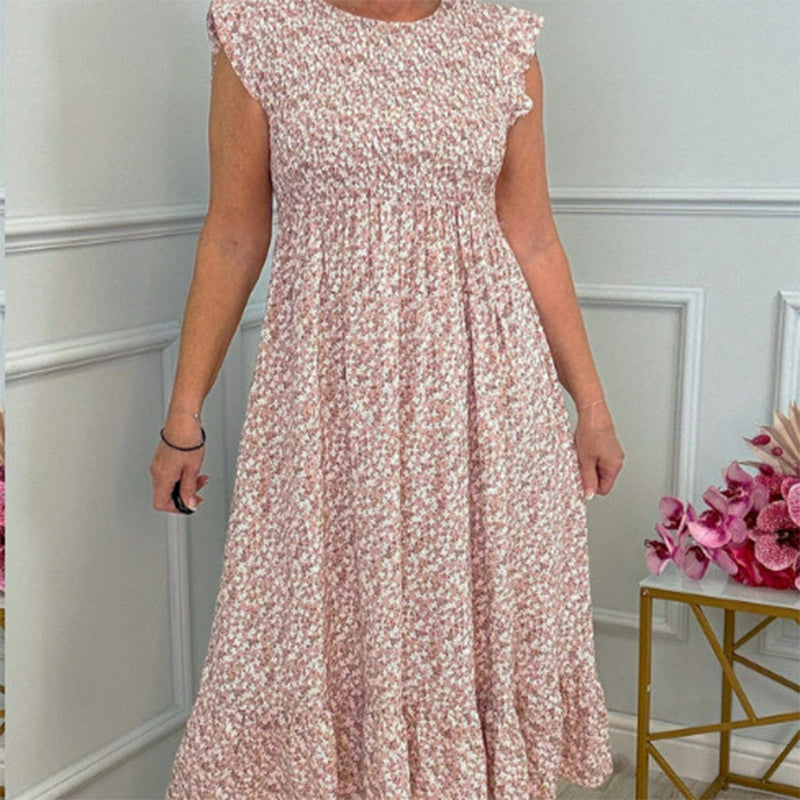 🎉🛍️Hot Promotion 49% OFF💃Women's Elegant Floral Print High-Waisted Ruffle Cap Sleeve Dress