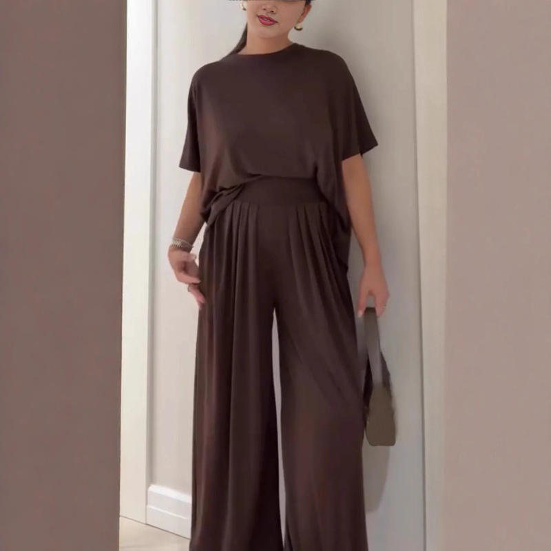 Women's Solid Loose Short Sleeve Top & Wide Leg Pants 2-Piece Set