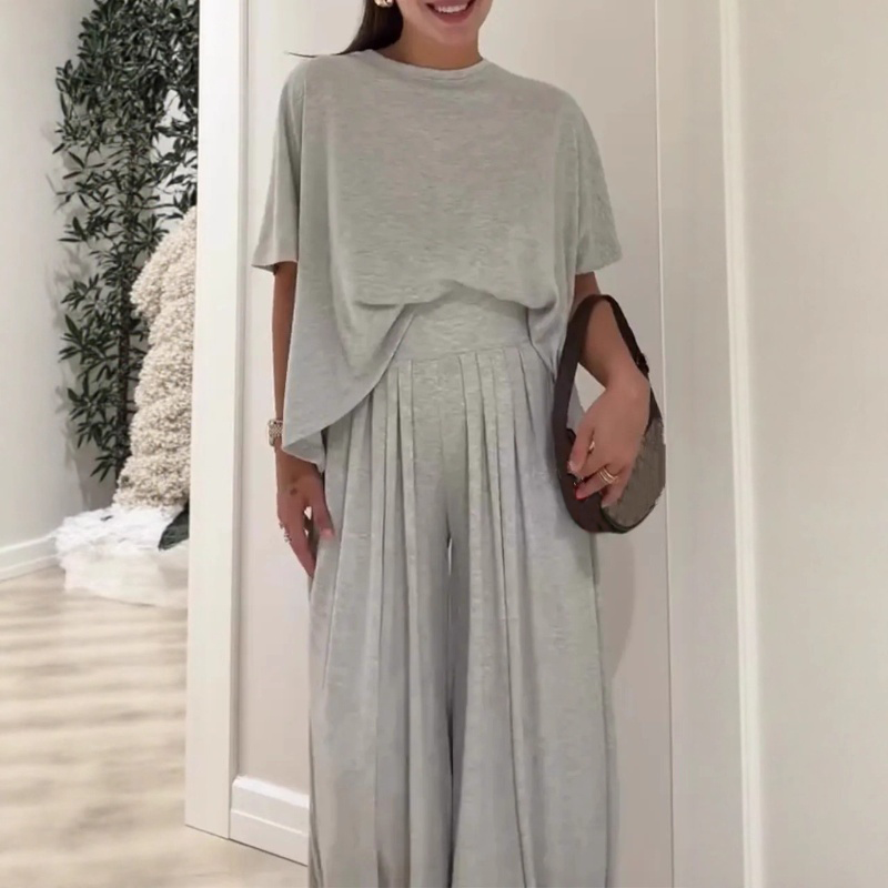 Women's Solid Loose Short Sleeve Top & Wide Leg Pants 2-Piece Set