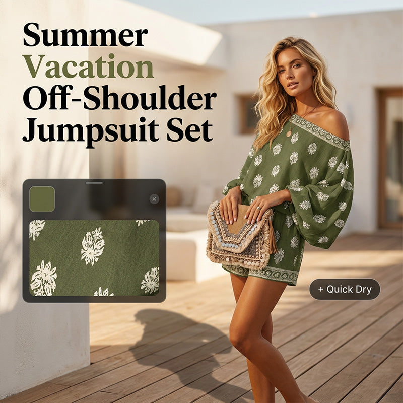🌴40% OFF NOW!👙 Bohemian Off-Shoulder Jumpsuit Set – Vintage Print & Pockets – Relaxed Vacation Romper 📸