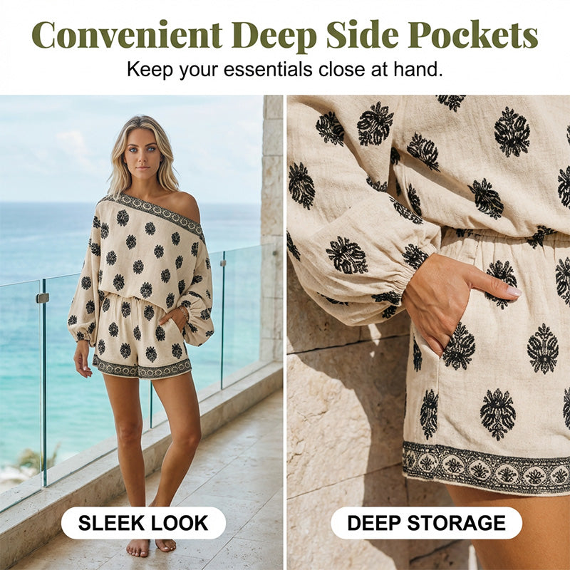 🌴40% OFF NOW!👙 Bohemian Off-Shoulder Jumpsuit Set – Vintage Print & Pockets – Relaxed Vacation Romper 📸