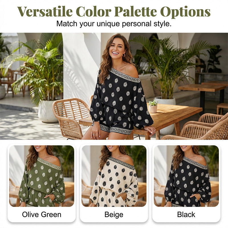 🌴40% OFF NOW!👙 Bohemian Off-Shoulder Jumpsuit Set – Vintage Print & Pockets – Relaxed Vacation Romper 📸