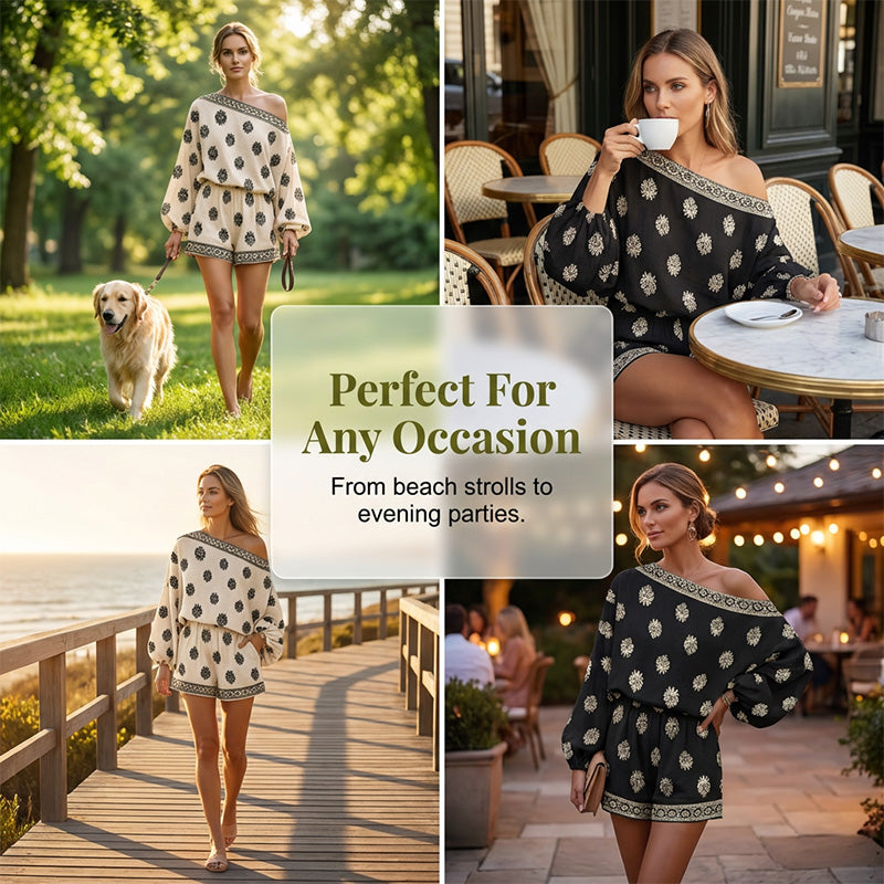 🌴40% OFF NOW!👙 Bohemian Off-Shoulder Jumpsuit Set – Vintage Print & Pockets – Relaxed Vacation Romper 📸