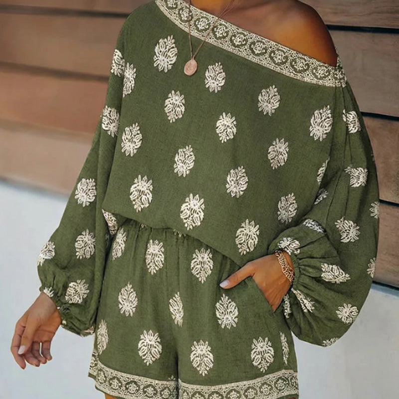 🌴40% OFF NOW!👙 Bohemian Off-Shoulder Jumpsuit Set – Vintage Print & Pockets – Relaxed Vacation Romper 📸