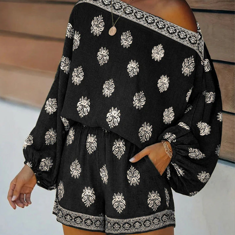 🌴40% OFF NOW!👙 Bohemian Off-Shoulder Jumpsuit Set – Vintage Print & Pockets – Relaxed Vacation Romper 📸