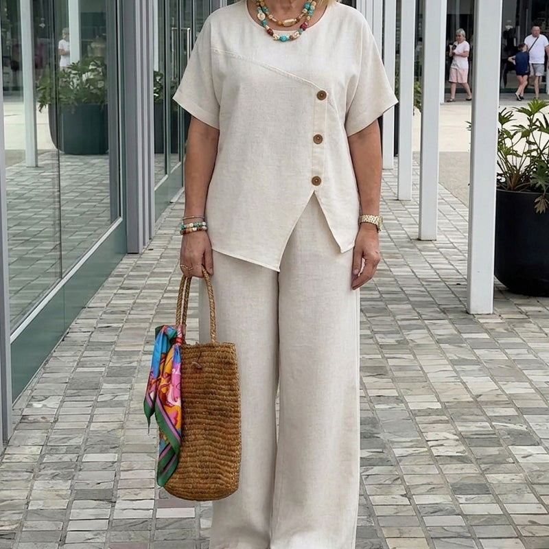 ☀️ Airy linen outfit for women – with button accents, elastic waistband, perfect for hot days & travel