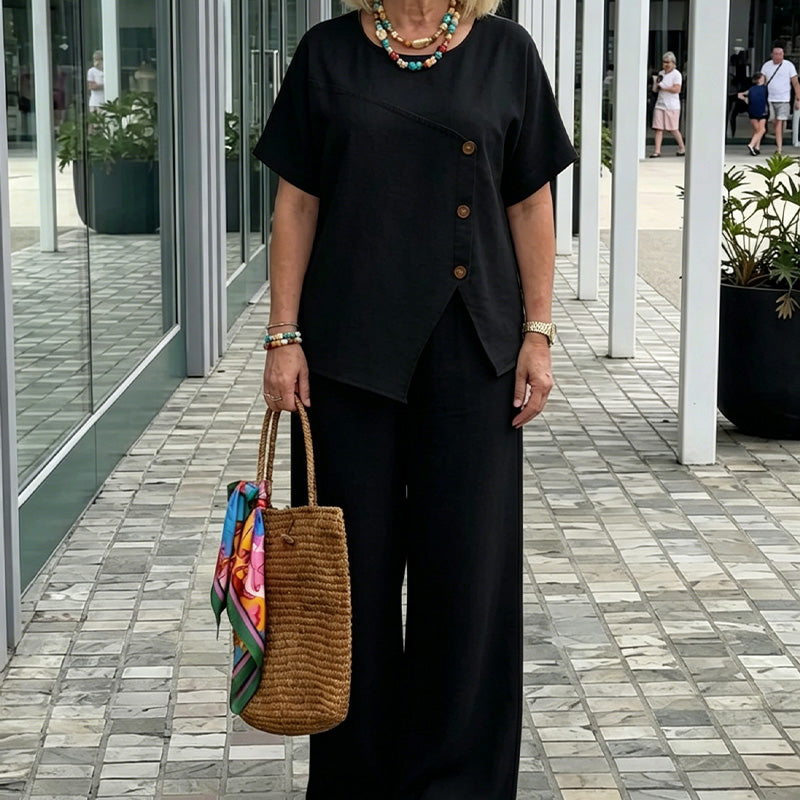 ☀️ Airy linen outfit for women – with button accents, elastic waistband, perfect for hot days & travel