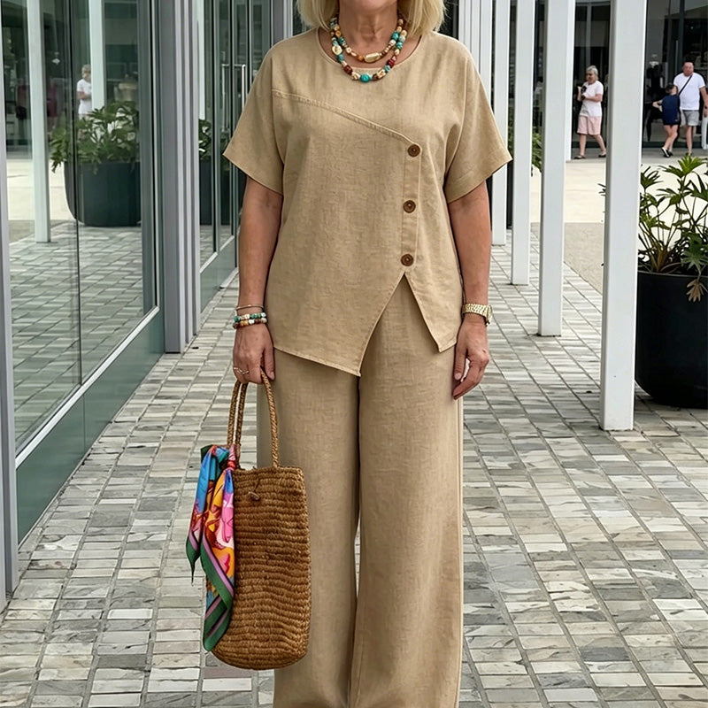 ☀️ Airy linen outfit for women – with button accents, elastic waistband, perfect for hot days & travel