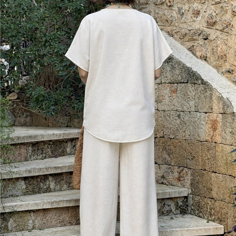 ☀️ Airy linen outfit for women – with button accents, elastic waistband, perfect for hot days & travel
