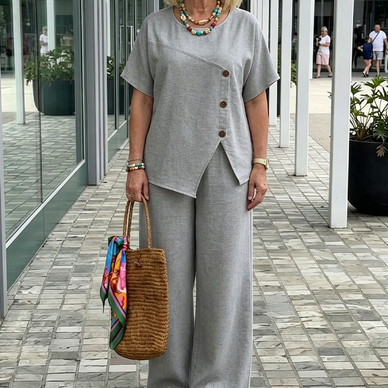 ☀️ Airy linen outfit for women – with button accents, elastic waistband, perfect for hot days & travel