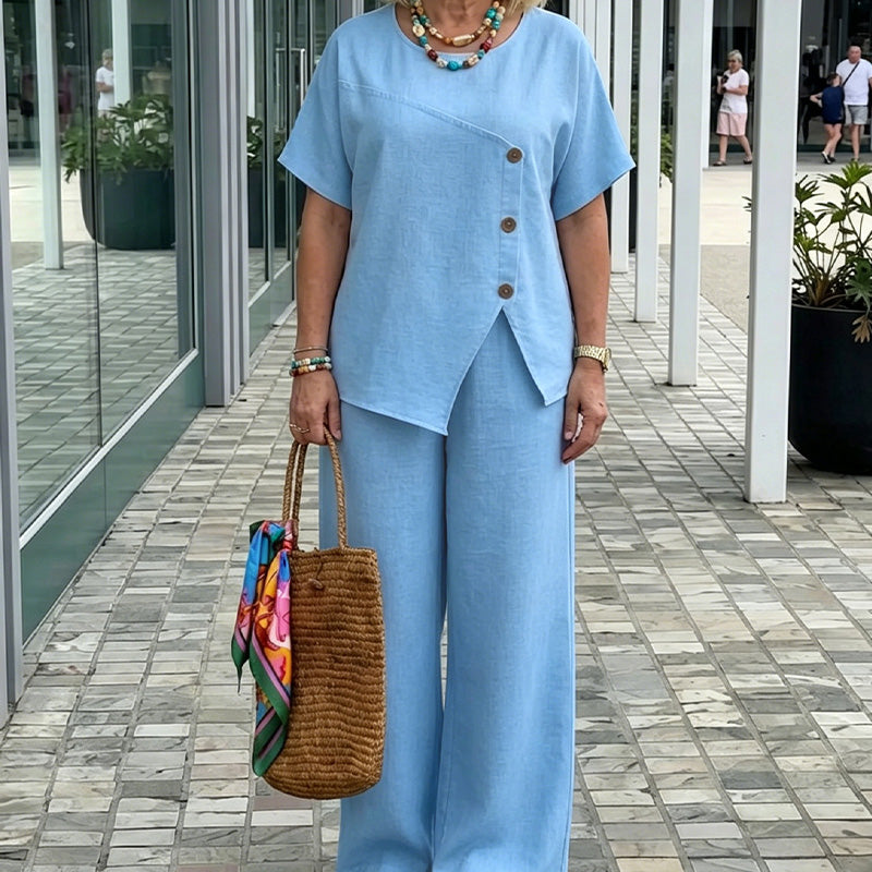 ☀️ Airy linen outfit for women – with button accents, elastic waistband, perfect for hot days & travel