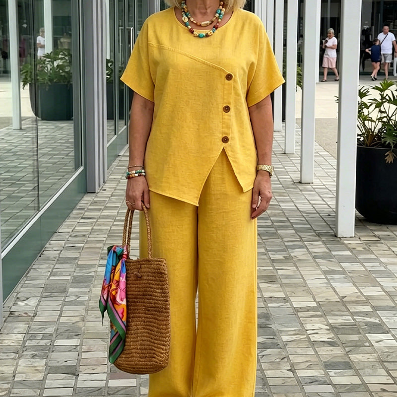 ☀️ Airy linen outfit for women – with button accents, elastic waistband, perfect for hot days & travel