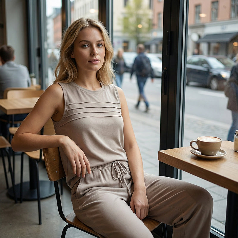 Sleeveless women's top and trousers with drawstring (set)