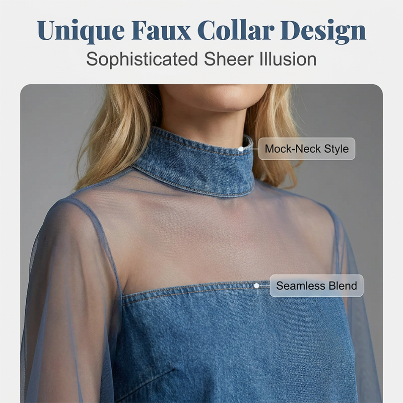 👗 Lantern Sleeve Faux Collar Denim Skirt – feminine look with fake collar, wide sleeves & figure-flattering denim cut