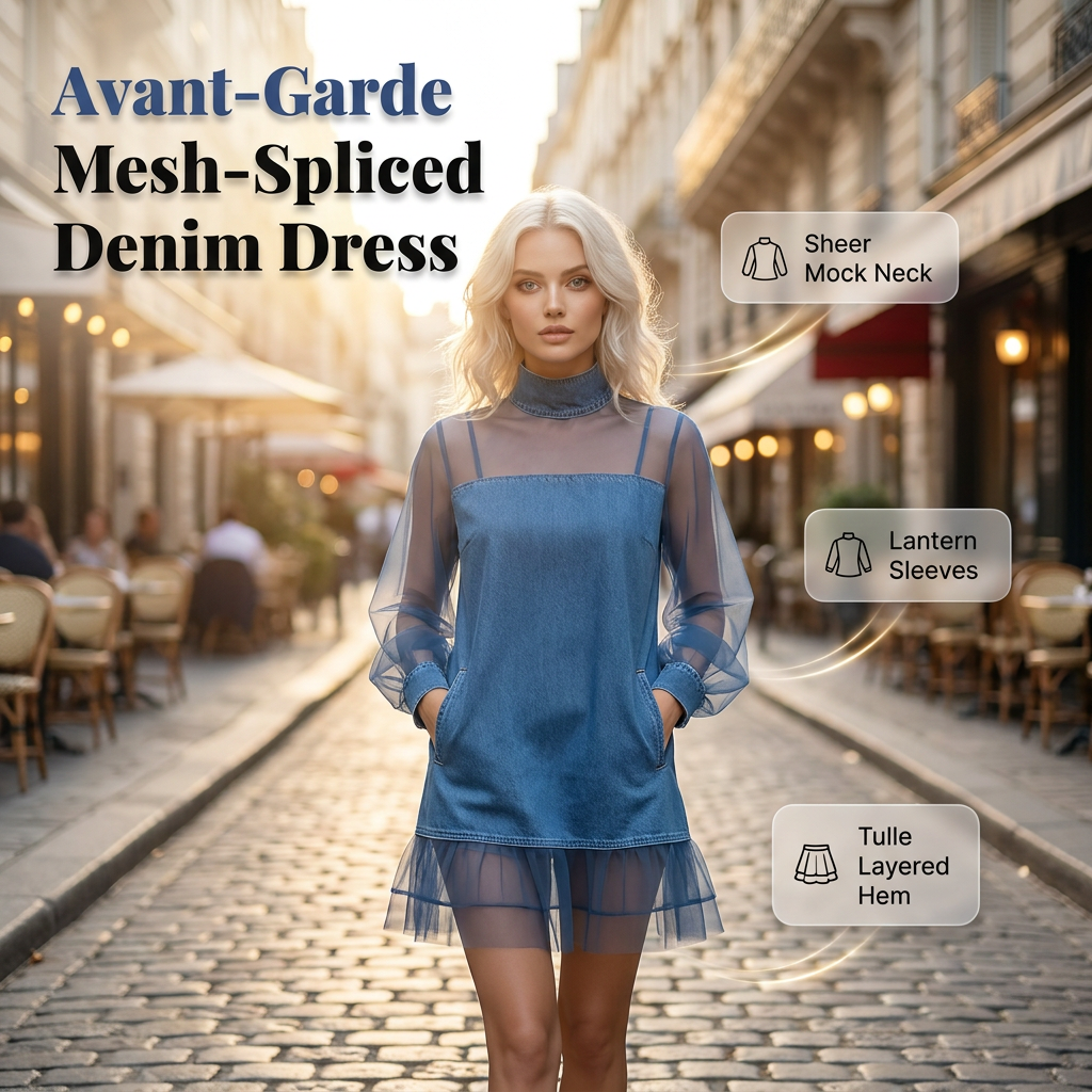 👗 Lantern Sleeve Faux Collar Denim Skirt – feminine look with fake collar, wide sleeves & figure-flattering denim cut