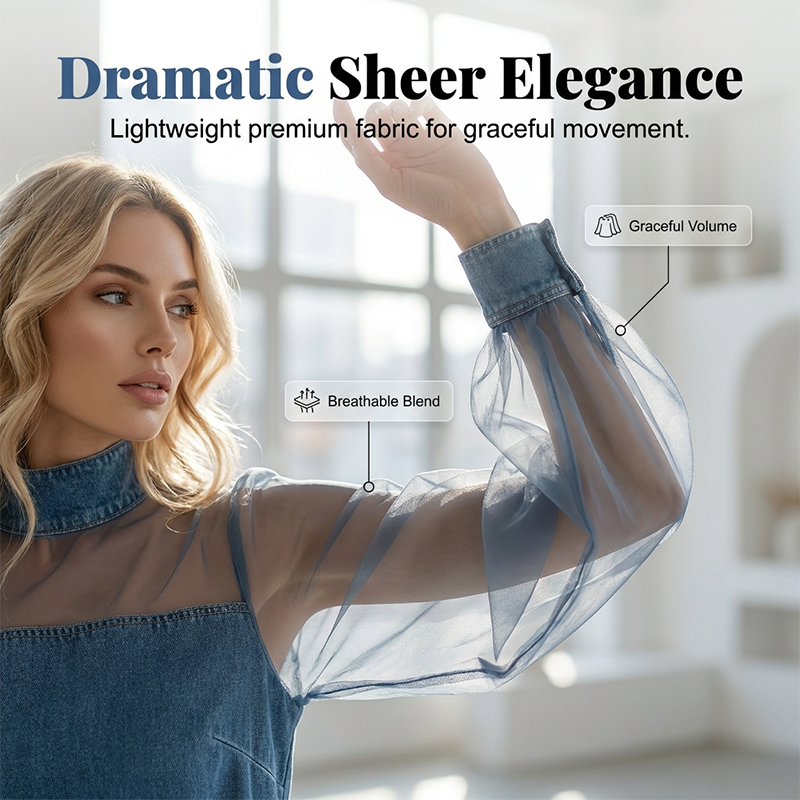 👗 Lantern Sleeve Faux Collar Denim Skirt – feminine look with fake collar, wide sleeves & figure-flattering denim cut