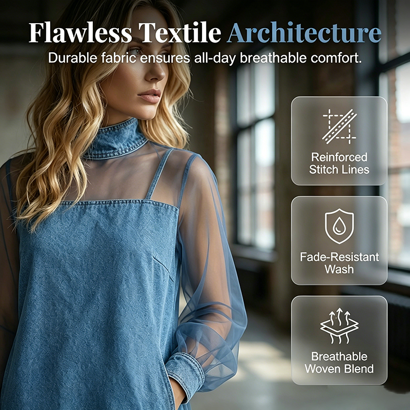 👗 Lantern Sleeve Faux Collar Denim Skirt – feminine look with fake collar, wide sleeves & figure-flattering denim cut