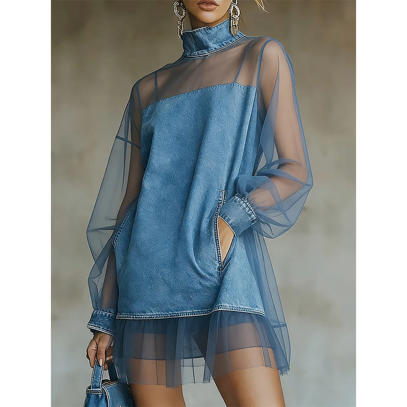 👗 Lantern Sleeve Faux Collar Denim Skirt – feminine look with fake collar, wide sleeves & figure-flattering denim cut