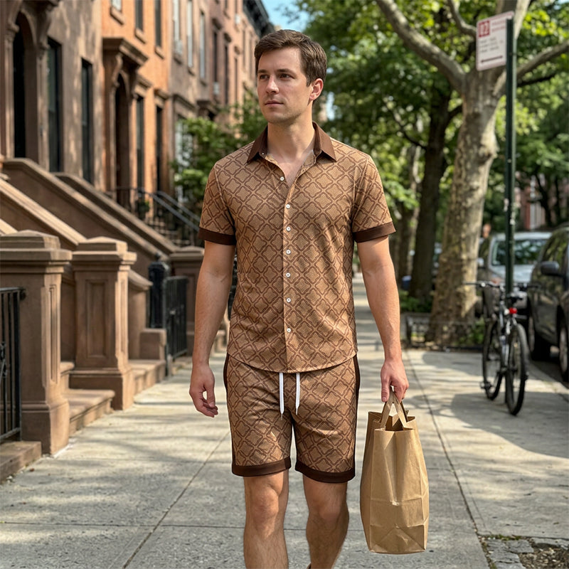 ☀️👕 Men's Printed 2-Piece Summer Set – Slim Fit Casual Top & Shorts Outfit